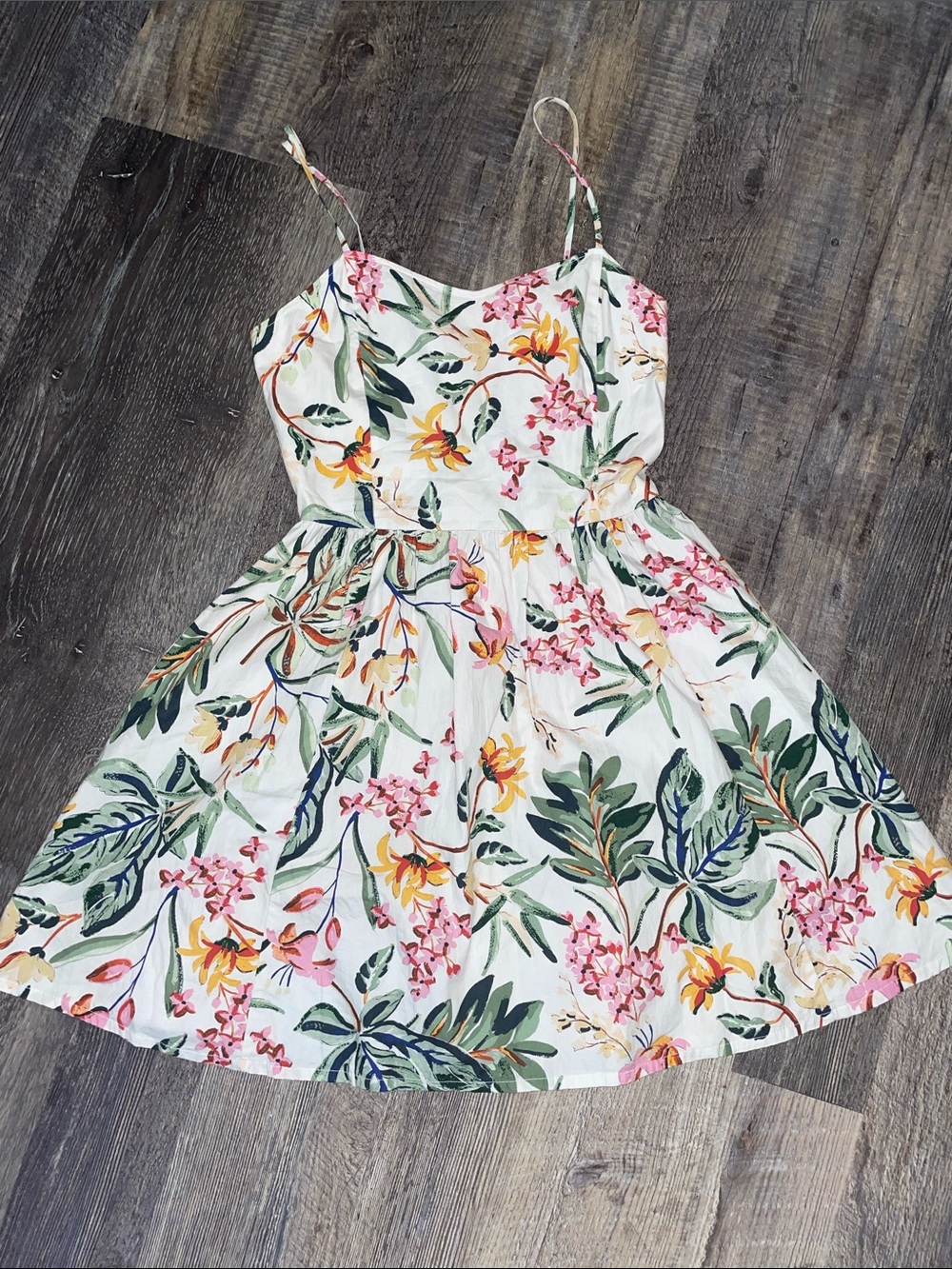 H&M White Floral Spaghetti-Strap Mini Dress with Green & Yellow Print - Picture 1 of 6